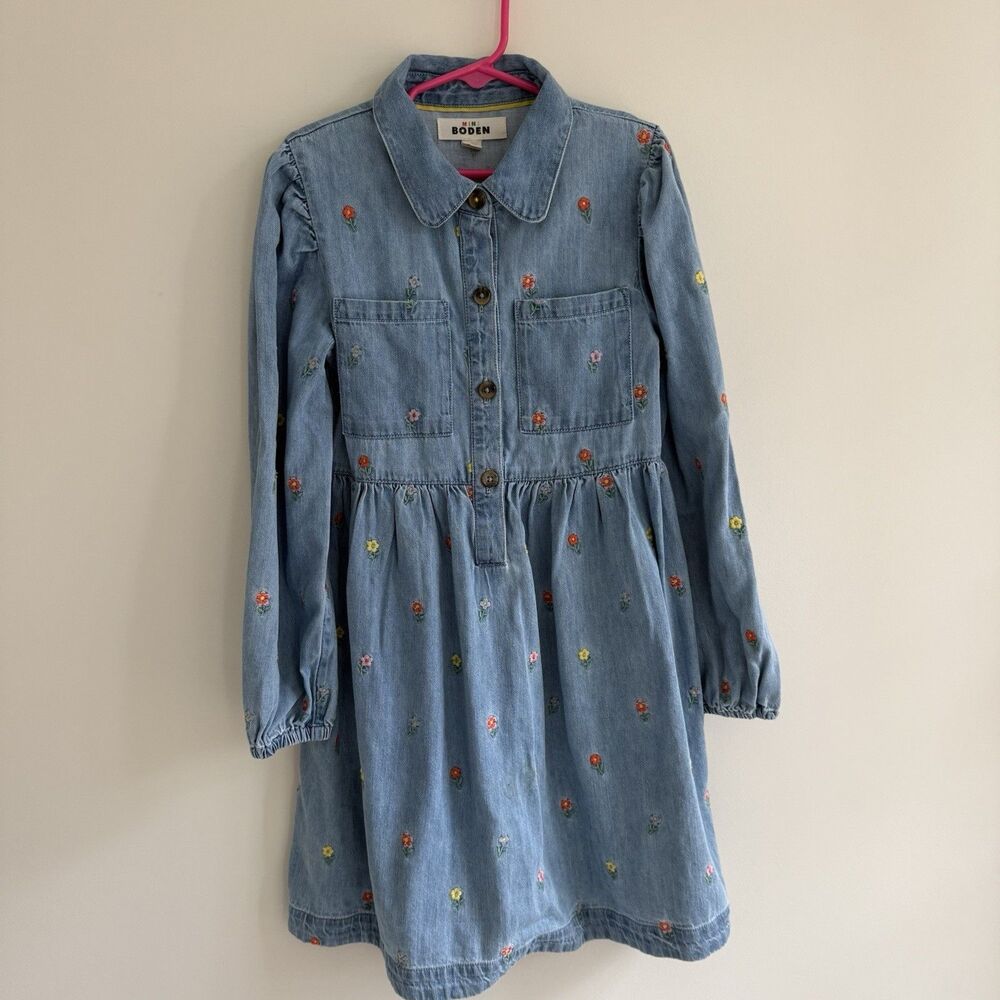 Mini Boden Chambray Embroidered Floral Flower Dress Girl's Size 8-9 Years School